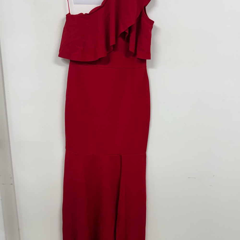 Red Asymmetrical One-Shoulder Gown with Ruffles